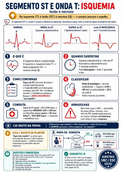 Mapa visual de Cardiologia Visual: segmento ST e onda T na isquemia, base para os critérios de Sgarbossa